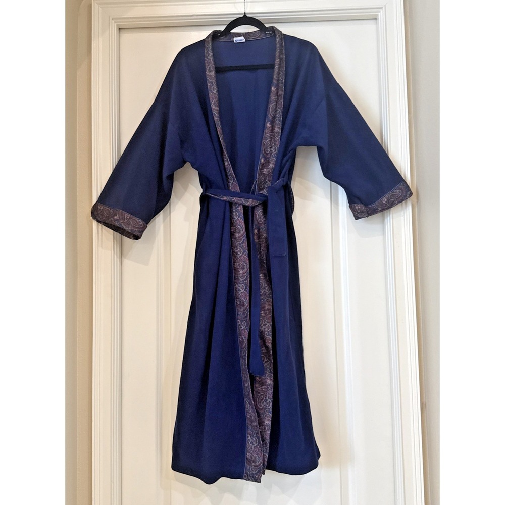 Vintage Berrette Men's‎ Robe One Size Blue & Paisley Trim Belted Pocket Lounge